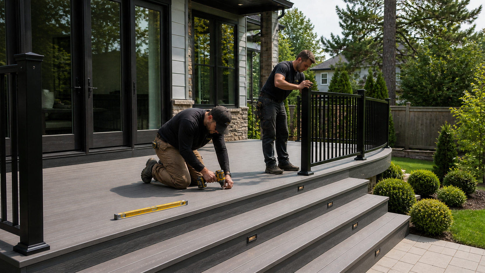 Crew installing deck boards on site